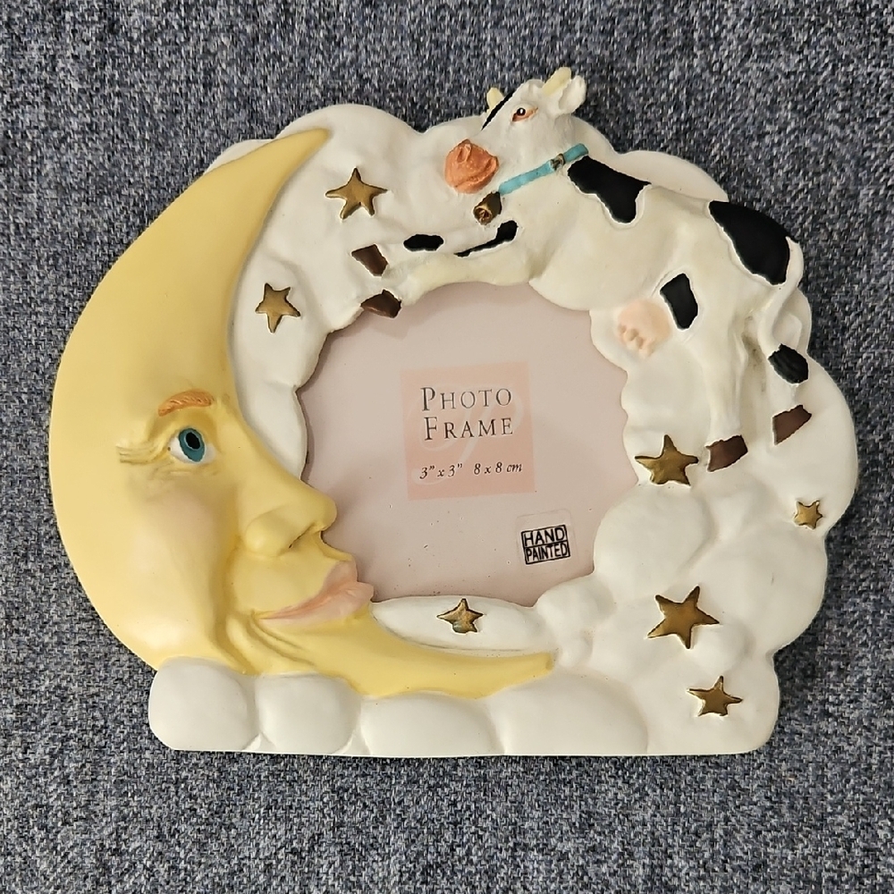 Hand Painted Moon and Cow Photo Frame - Yellow and White